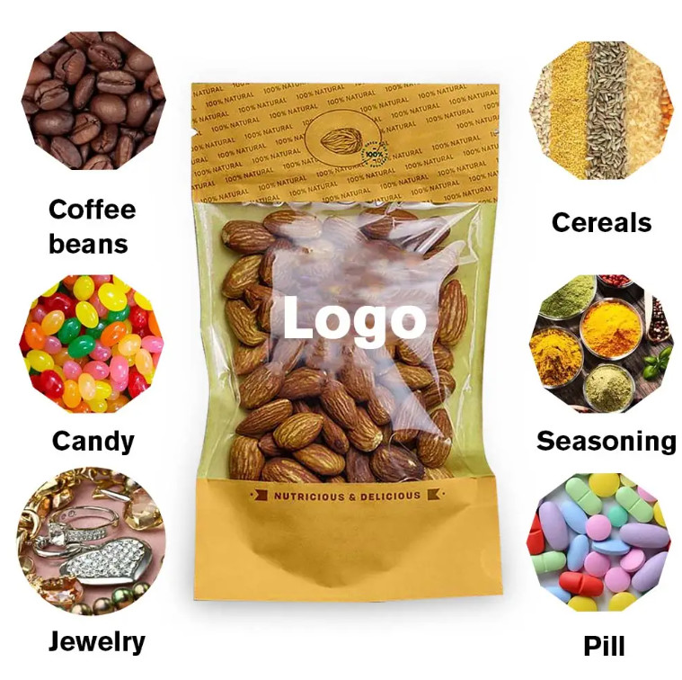 Moisture Smell Proof Chips Cookie Snack Food Pouch Bag Kraft Paper Stand Up Zip Lock Pouch For Coffee Packaging Bag
