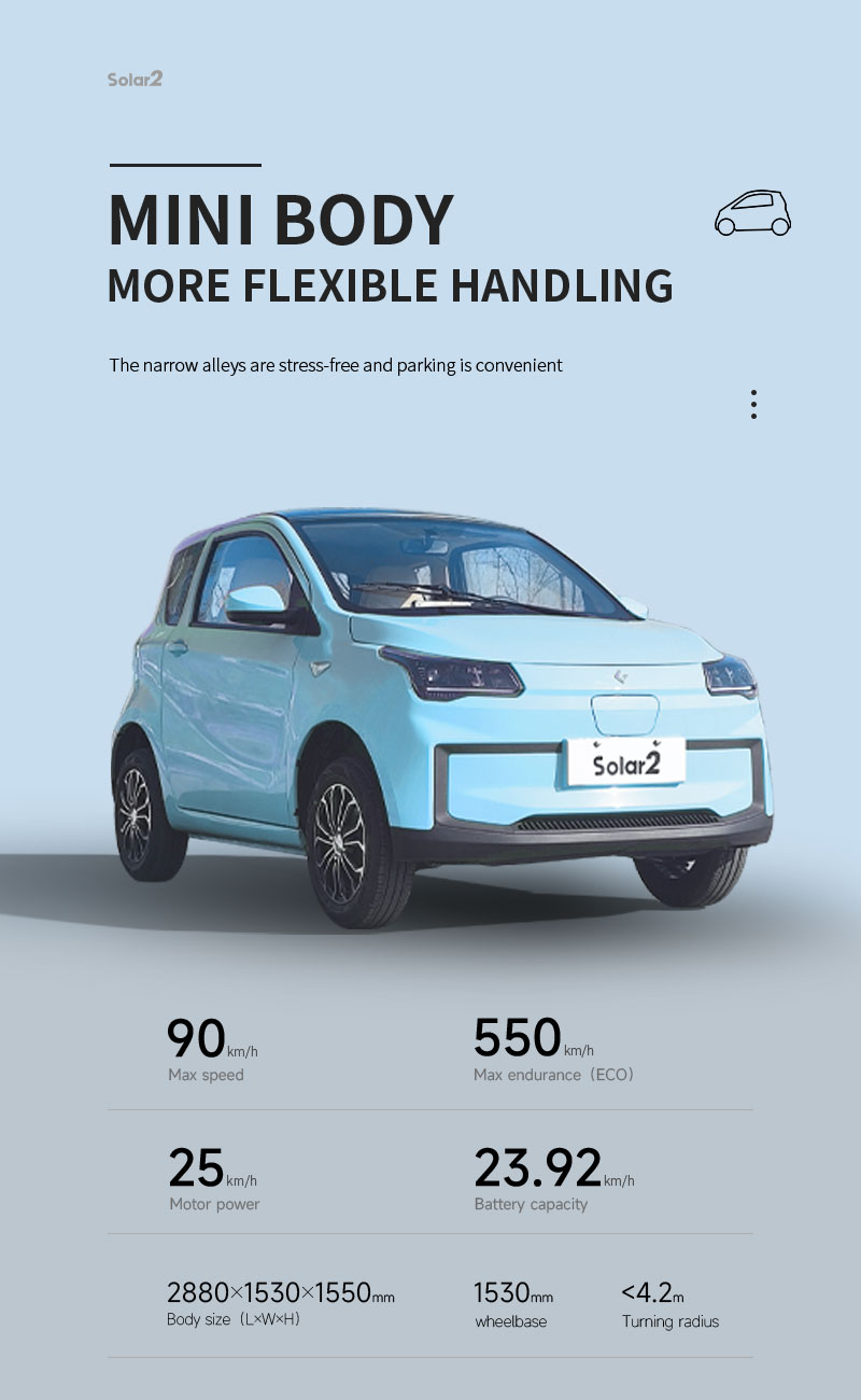 Energy Type Pure Electric 2 Seats Solar Car 550km High Speed EEC COC Mini Blaval Auto 2 Small Vehicles 850kg Curb Weight