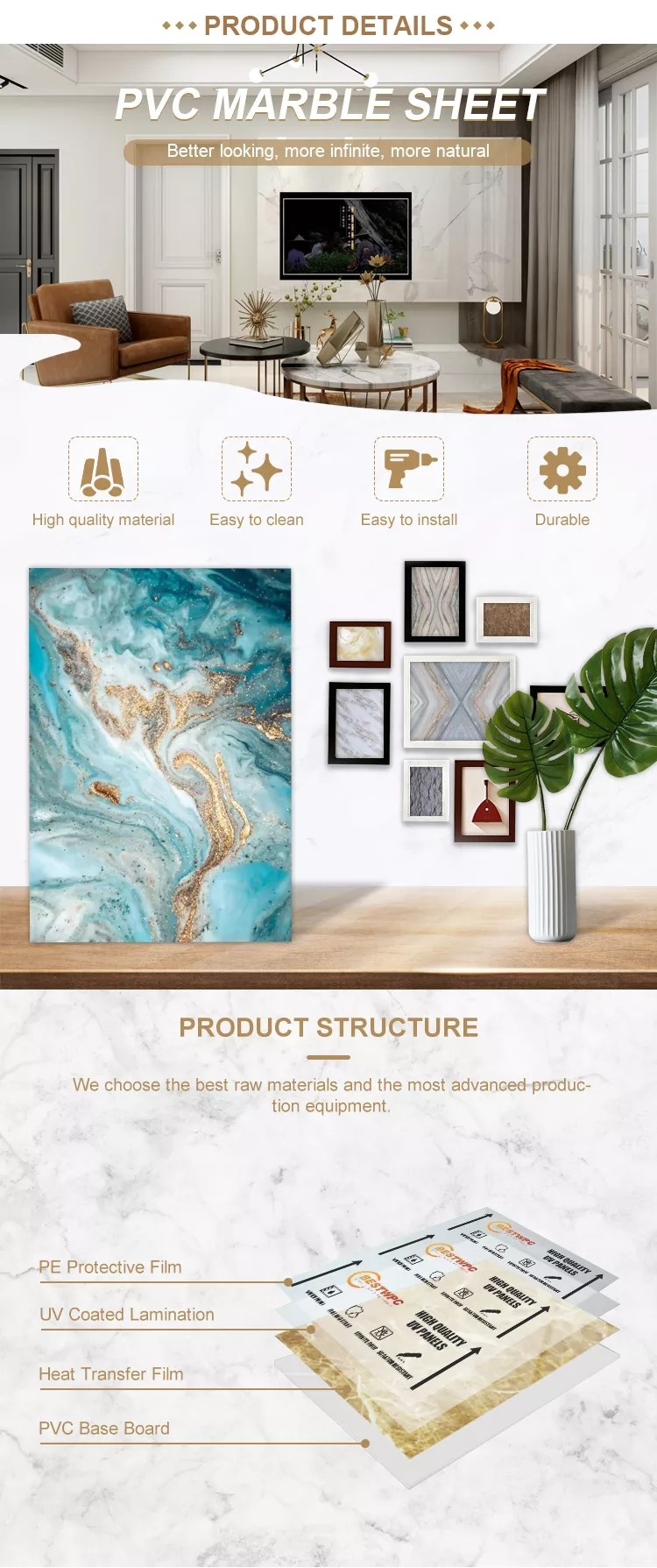 1220x2440 PVC Imitation Marble Sheet Waterproof Alternative Board Wall Sheet