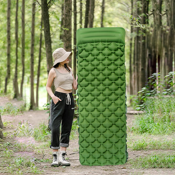 2.36" Thick Inflatable Camping Mat Green Outdoor Sleeping Mattress With Attached Pillow