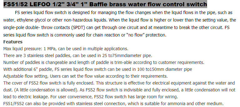 100Ω Insulation Resistance Liquid Flow Switch for Paddle Water Pump Control Mechanism