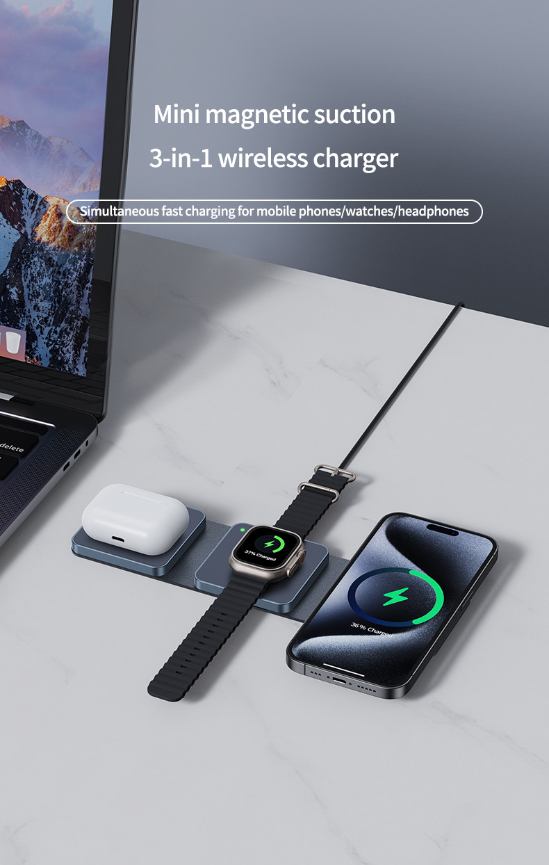 Foldable Wireless Charger with Aluminum Frame and Silicone Pad for Airpods and Apple Watch