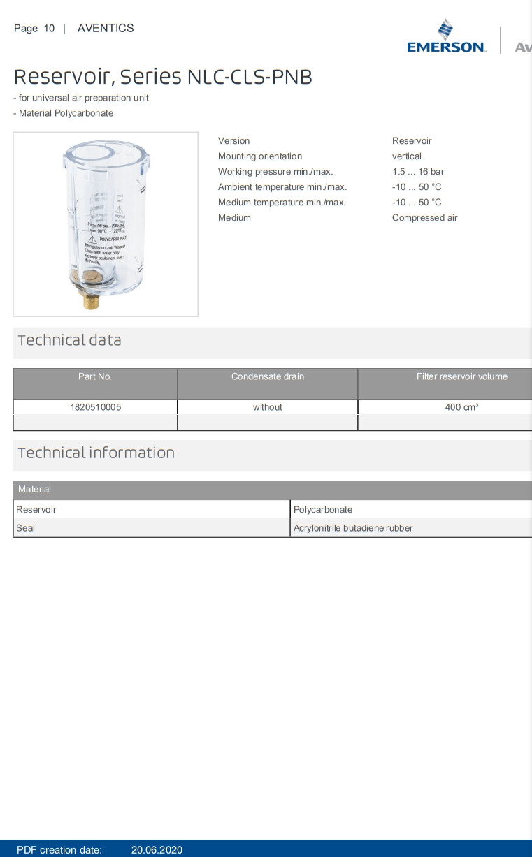 Vertical Mounting AVENTICS Reservoir Series NLC–CLS–PNB For Universal Air Preparation Unit