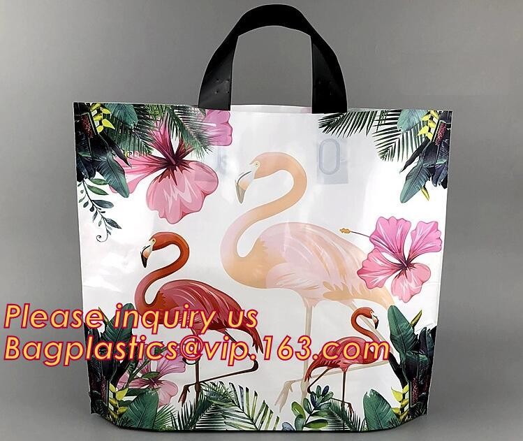 Custom Printed Stand Up Block BottomSoft Loop Handle Plastic Carrier Shopping Bag，Plastic Soft Loop Handle Bag for Shopp