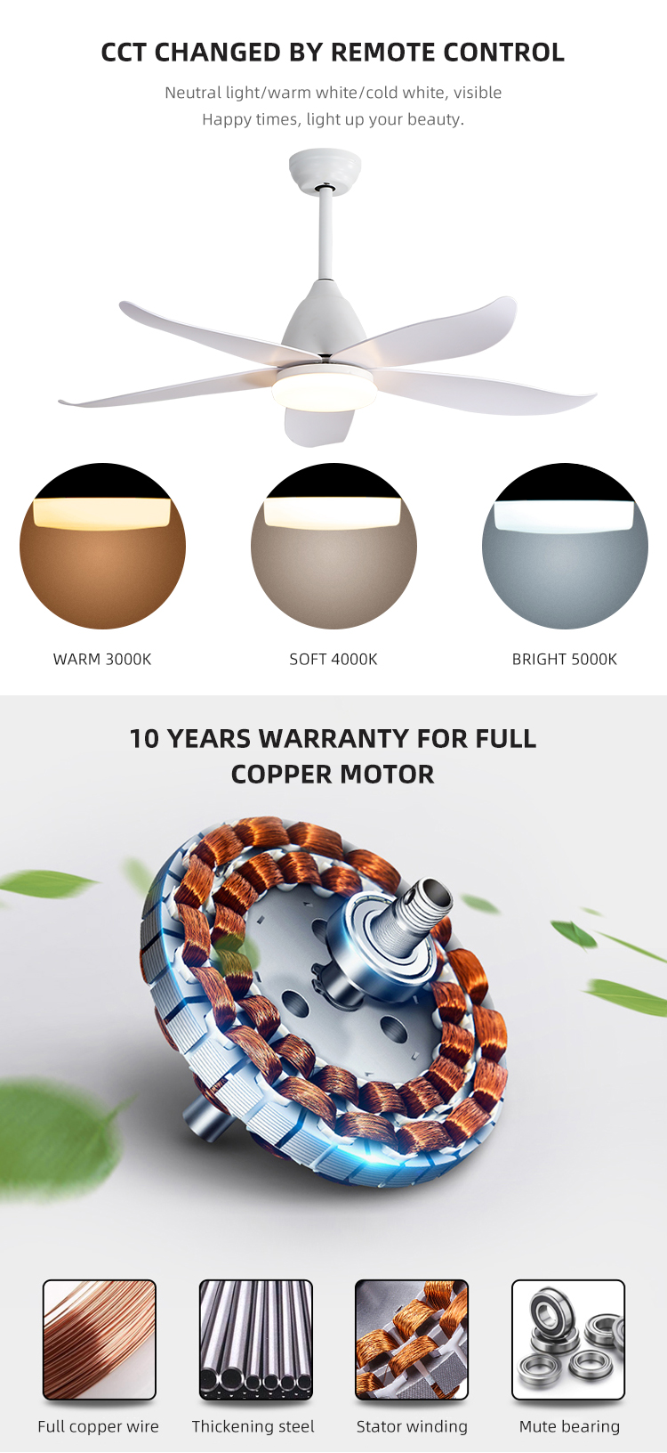 Fancy Iron 3000K 35W 5 ABS Blade Ceiling Fan Lamp Big Natural Style
