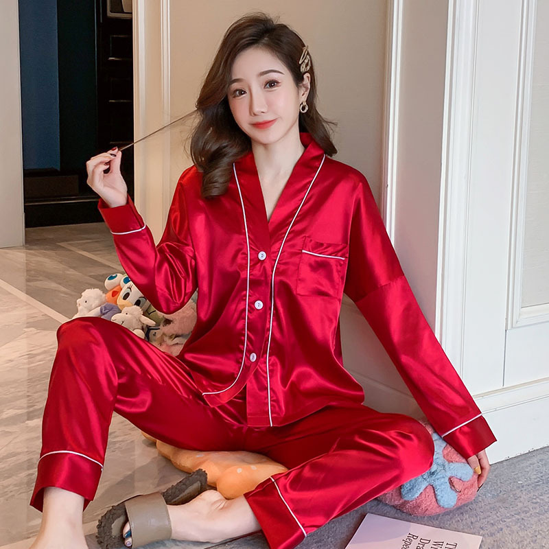 Spring New Long Sleeve V-Neck Cardigan Solid Color Casual Ice Silk Set Pajama Satin