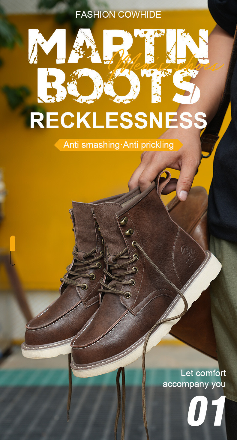 Brown Cowhide Rubber Sole Security Safety Boots Steel Toe Anti Smashing Kevlar Anti Proof Work