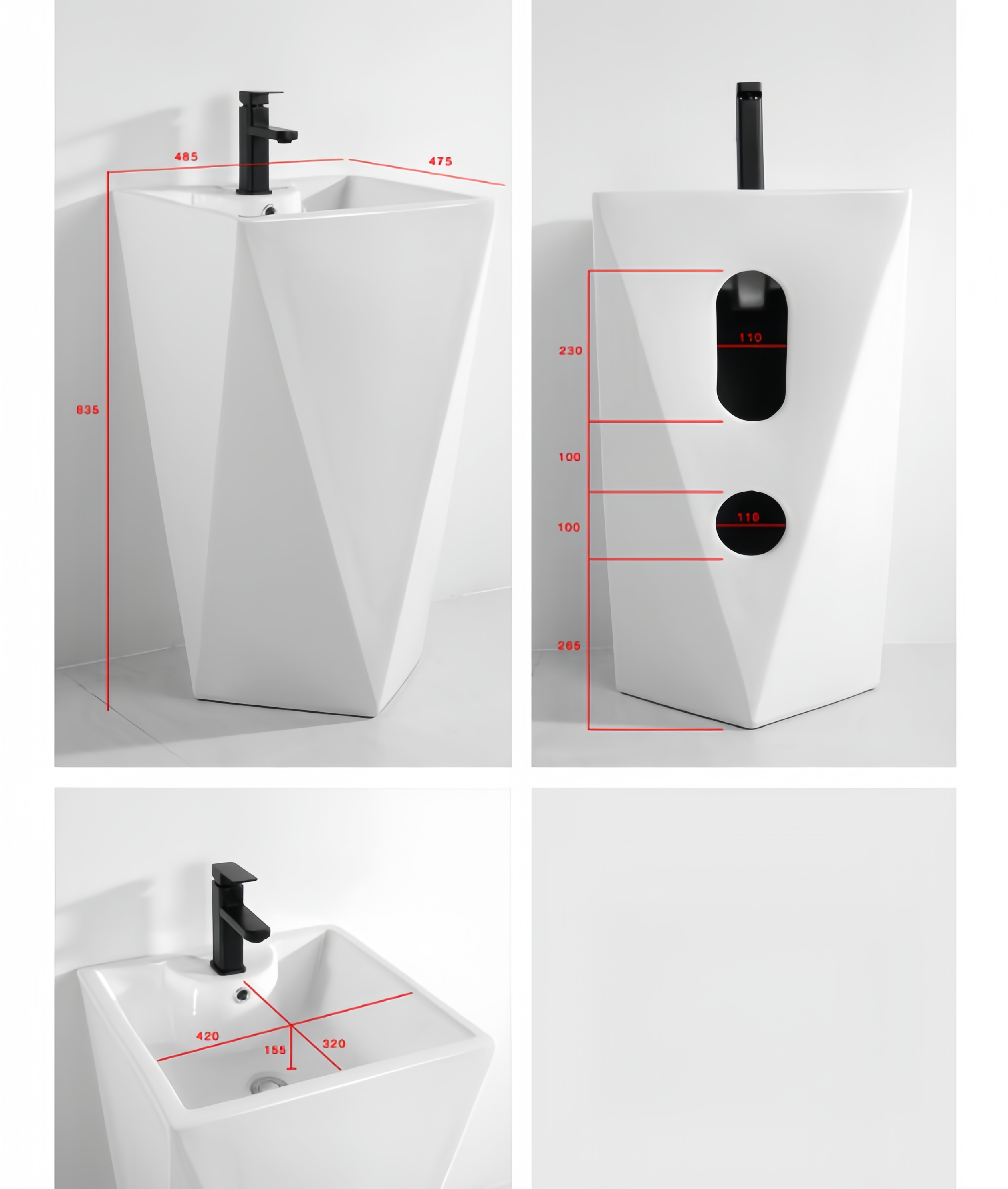Diamond Shape Full Pedestal Bathroom Wash Hand Basin Large Pedestal Height Wash Basin
