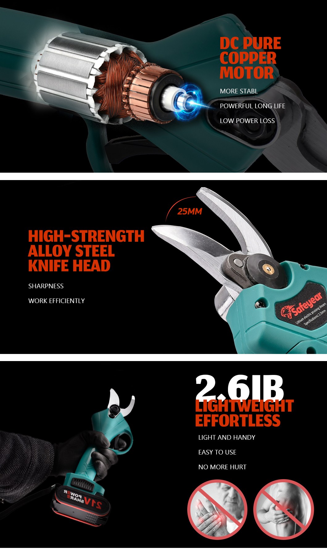 35mm Professional 21v Cordless Electric Pruning Shears With 2 Pack Rechargeable Battery Powered