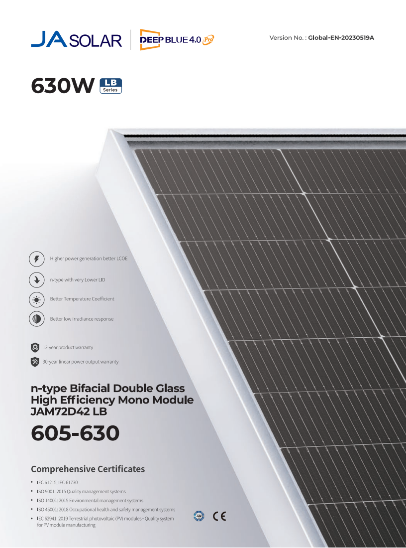 High Power 620W Ja Solar Panel With IP68 Junction Box And 2.0mm Tempered Low Iron Glass