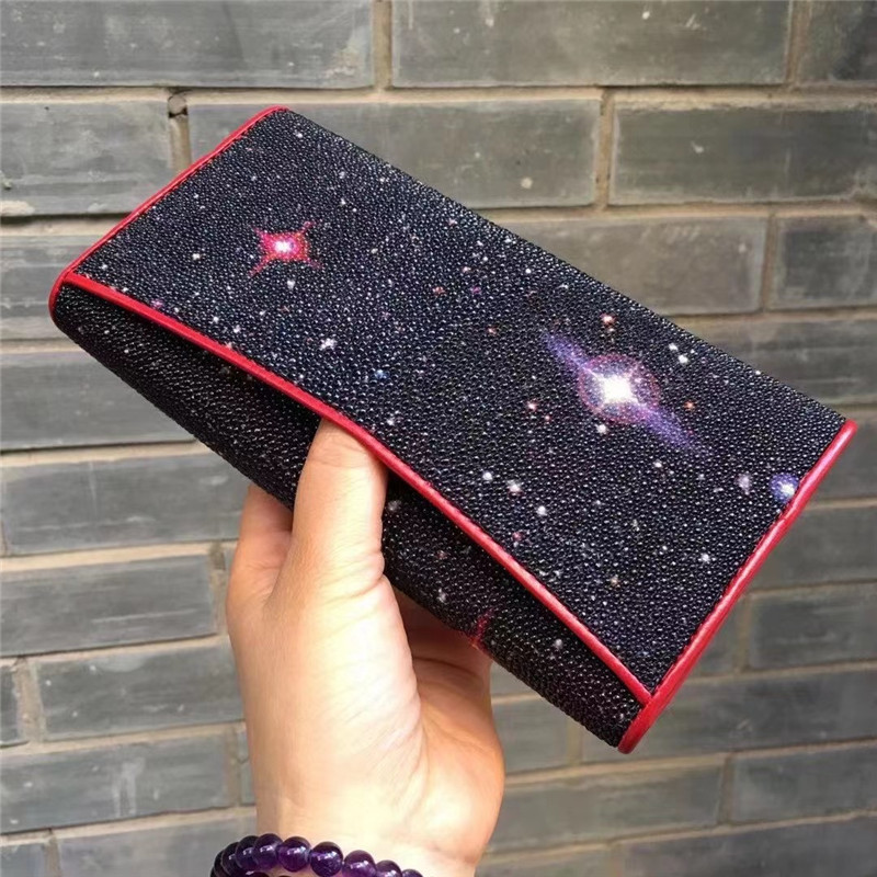 Authentic Real True Stingray Skin Female Long Wallet Genuine Exotic Leather Lady Chic Star Clutch Women Large Card Purse