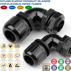 China 90° Elbow IP68 Waterproof Plastic Flexible Conduit Gland with Metric Thread for AD13-AD48 Corrugated Pipes on sale