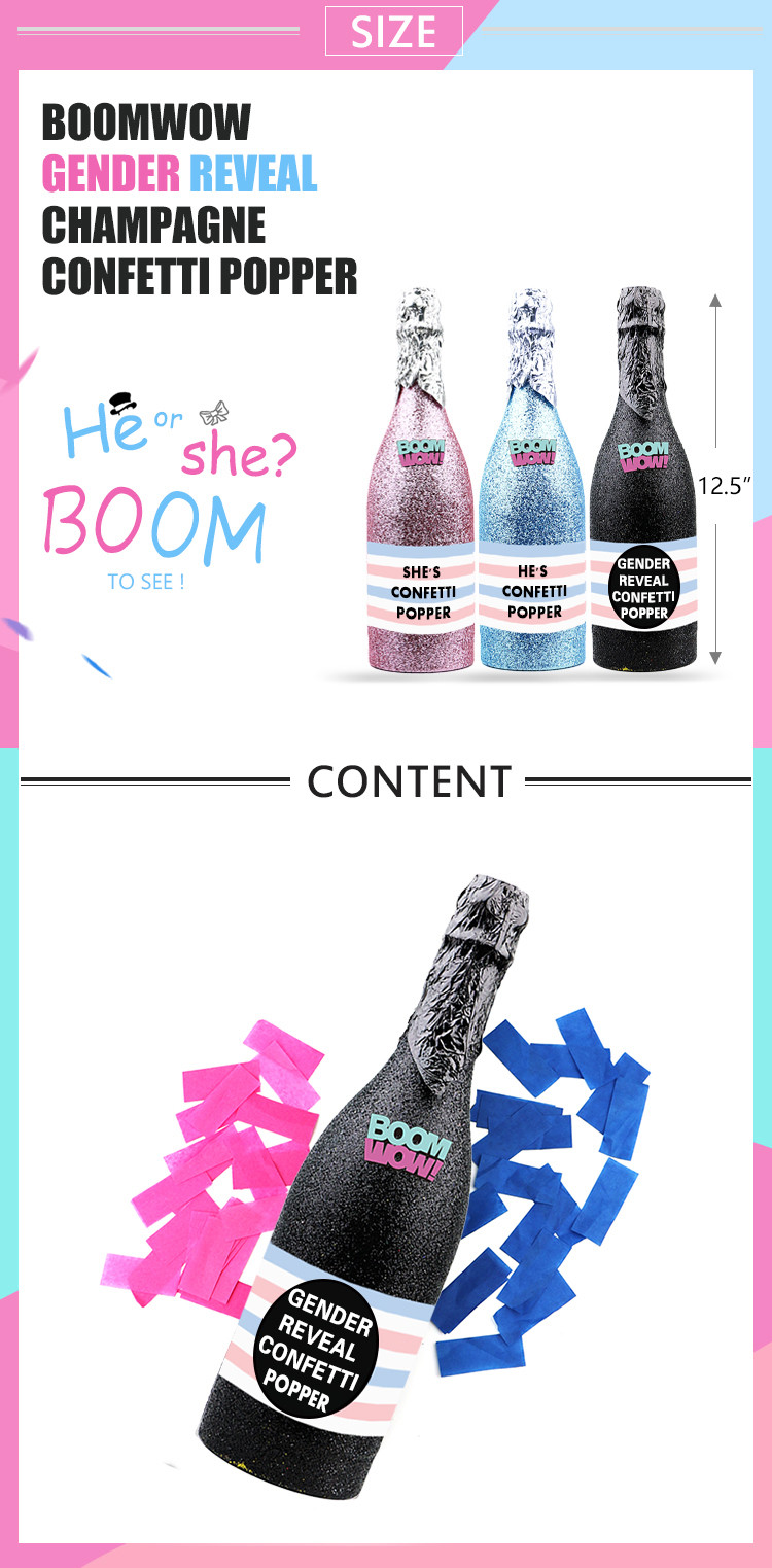 12.5" Champagne Bottle Gender Reveal Confetti Cannon For Baby Shower