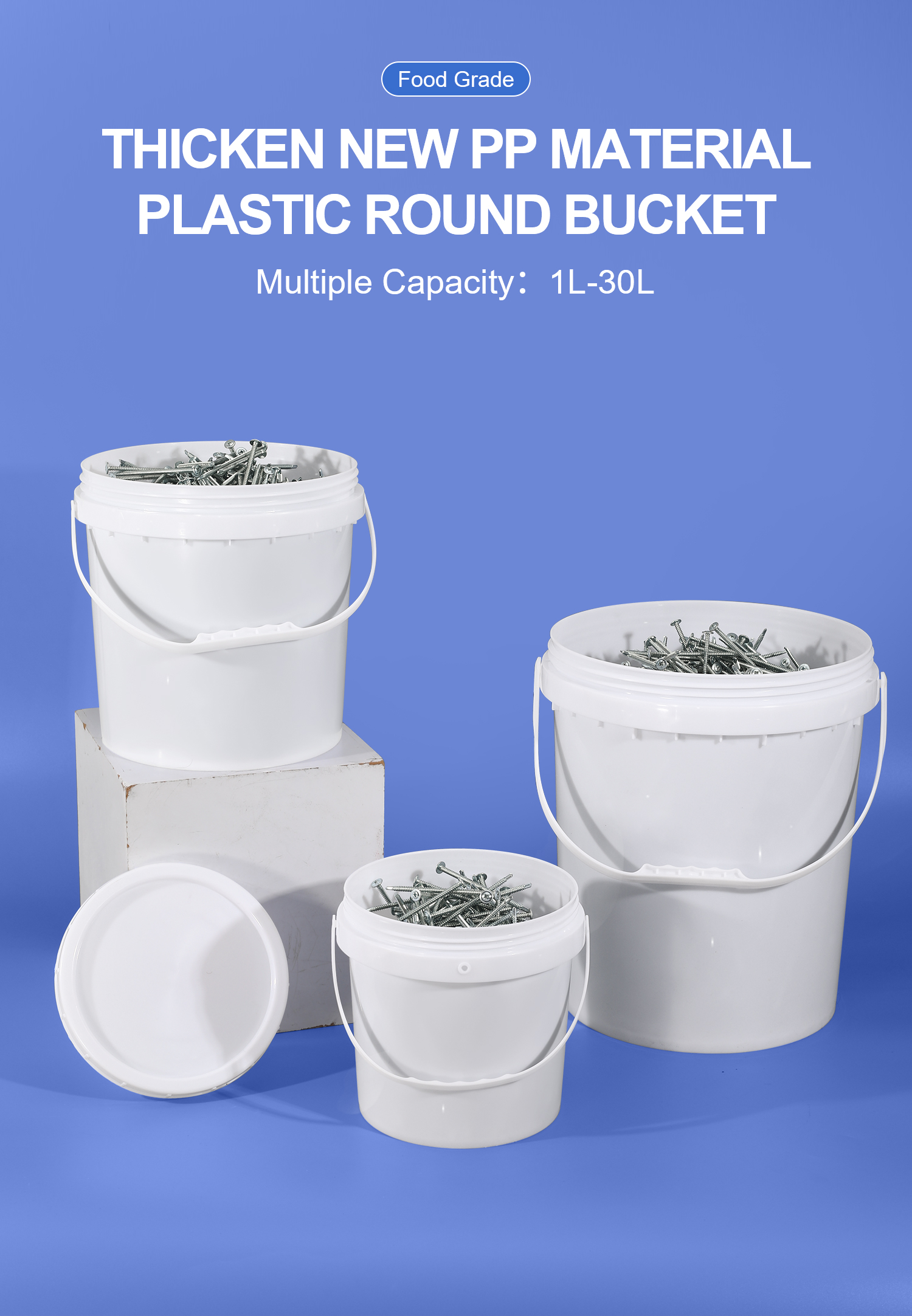 1L-50L White Thickened Round Pails Plastic Paint Buckets for Large Painting Projects