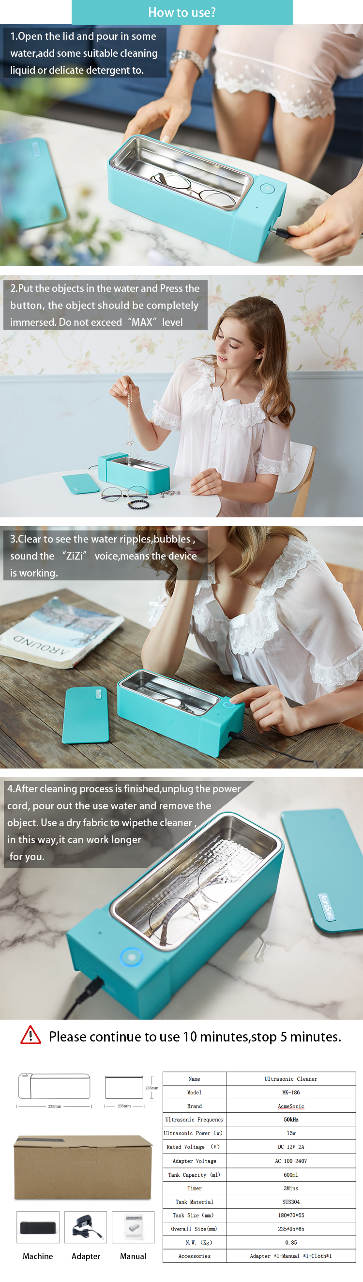 Glasses Ring Ultrasonic Jewelry Cleaner Mini 600ml Ultrasonic Cleaner
