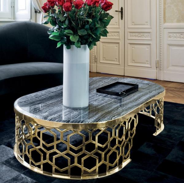 Luxury Oval Coffee Table Stainless Stain frame Artificial Marble Top for Living