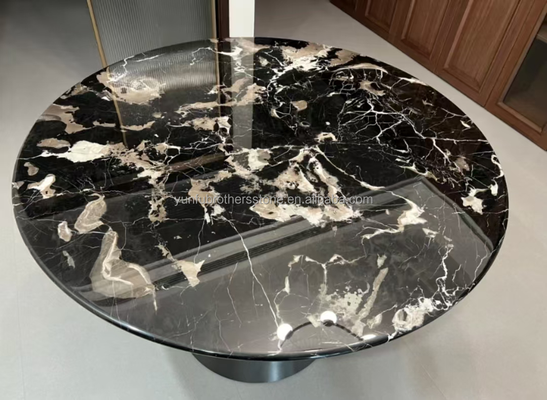 Modern Polished Black Rose Marble Big Slab Dining Table Set for Villa and Hotel Design