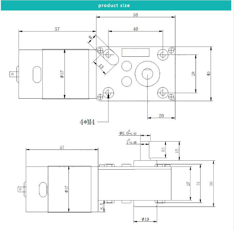58mm*40mm pmdc DC Worm Gear Motors High Torque 12V 24V 40rpm