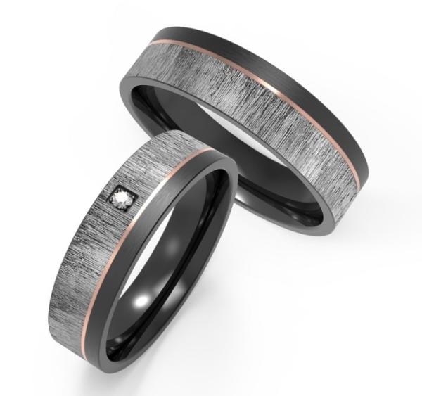 Imitation Wood Grain Black Stainless Steel Couple Ring Inset Zircon Rose Gold