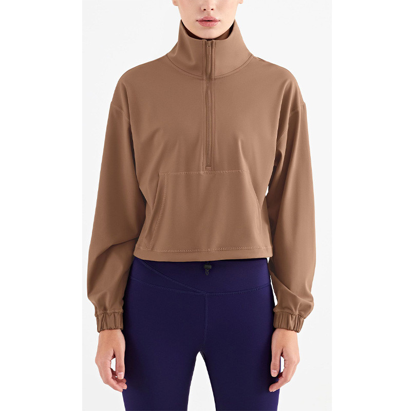 High Neck Nylon Leisure Ladies Yoga Tops Thicken Semi Zipper For Women