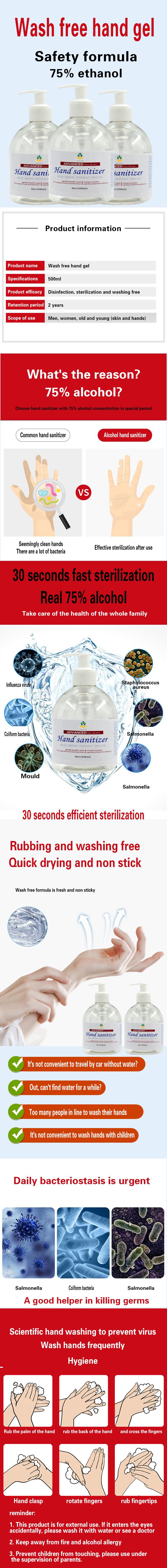 75% Alcohol Antibacterial Hand Sanitizer , Disinfection Washless Hand Gel 16oz
