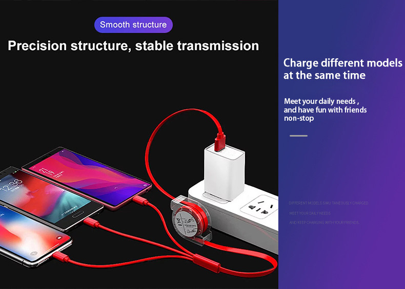 3 In 1 Extendable USB 2.0 Charging Cable For Iphone Micro Type C