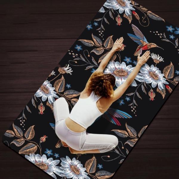 Eco Friendly Flower Printing Suede Rubber Yoga Mat 6MM Thick For Home Pilates