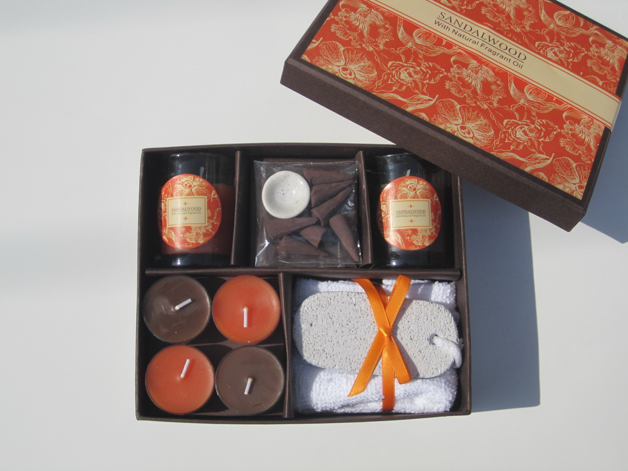 Orange & Brown scented & assorted tealight candle & glass candle packed into gift box