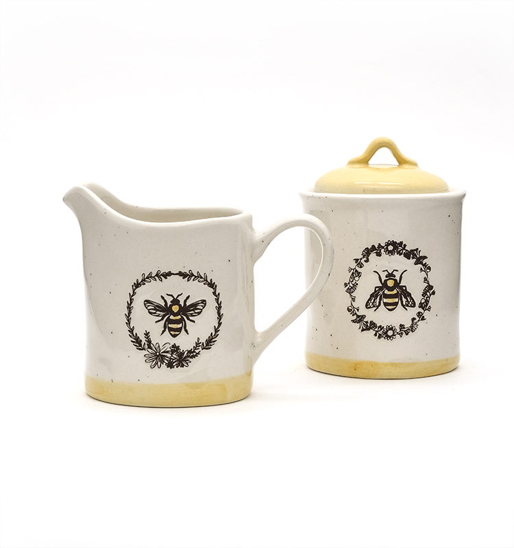 Pottery Creamer And Sugar Set 3D Bees Silk Printed Sugar With Ceramic Lid Everyday