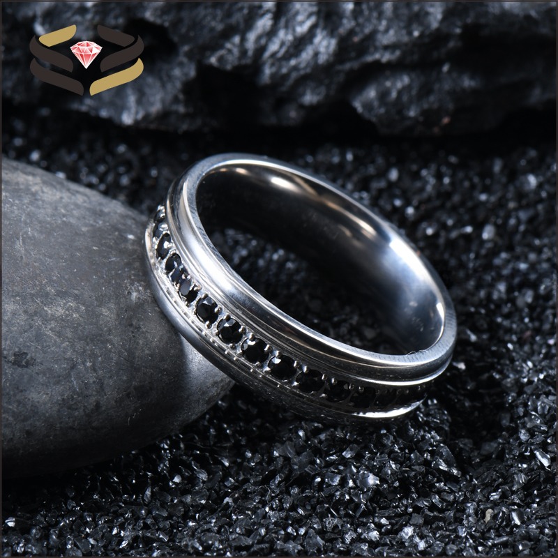 Women Titanium Wedding Rings 6mm With Black Cubic Zirconia Inlay