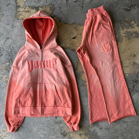 Custom 2 Piece Set Men's Jogging Suits in Acid Wash Design and Puff Print Tracksuits