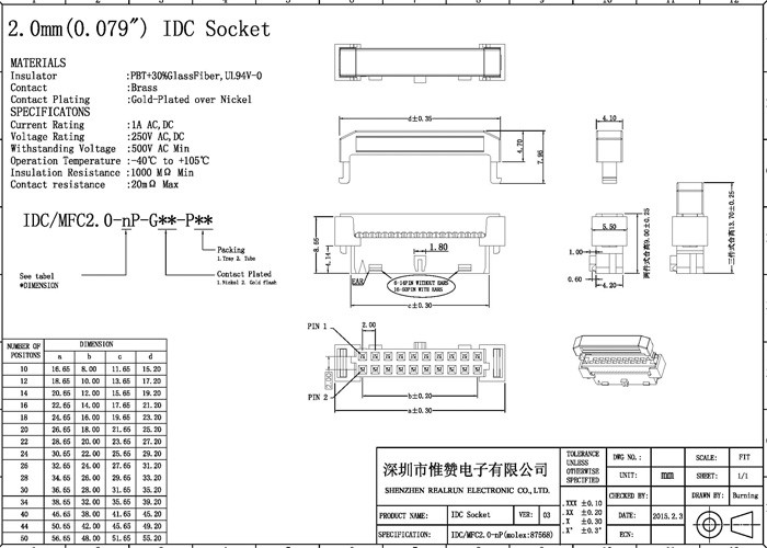 IDC 40 Pin Connector Wire To Board IDC Socket Connector Phosphor Bronze Contact