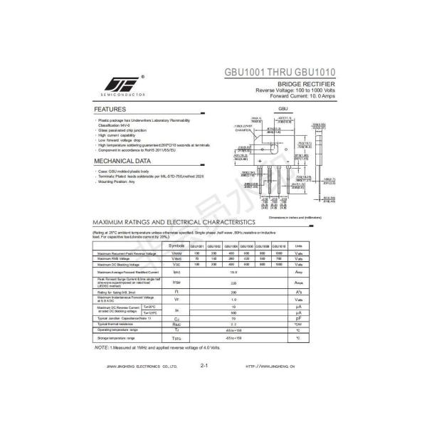 Space-saving Design GBU1008 Bridge Rectifier with GBU Package and Planar Structure