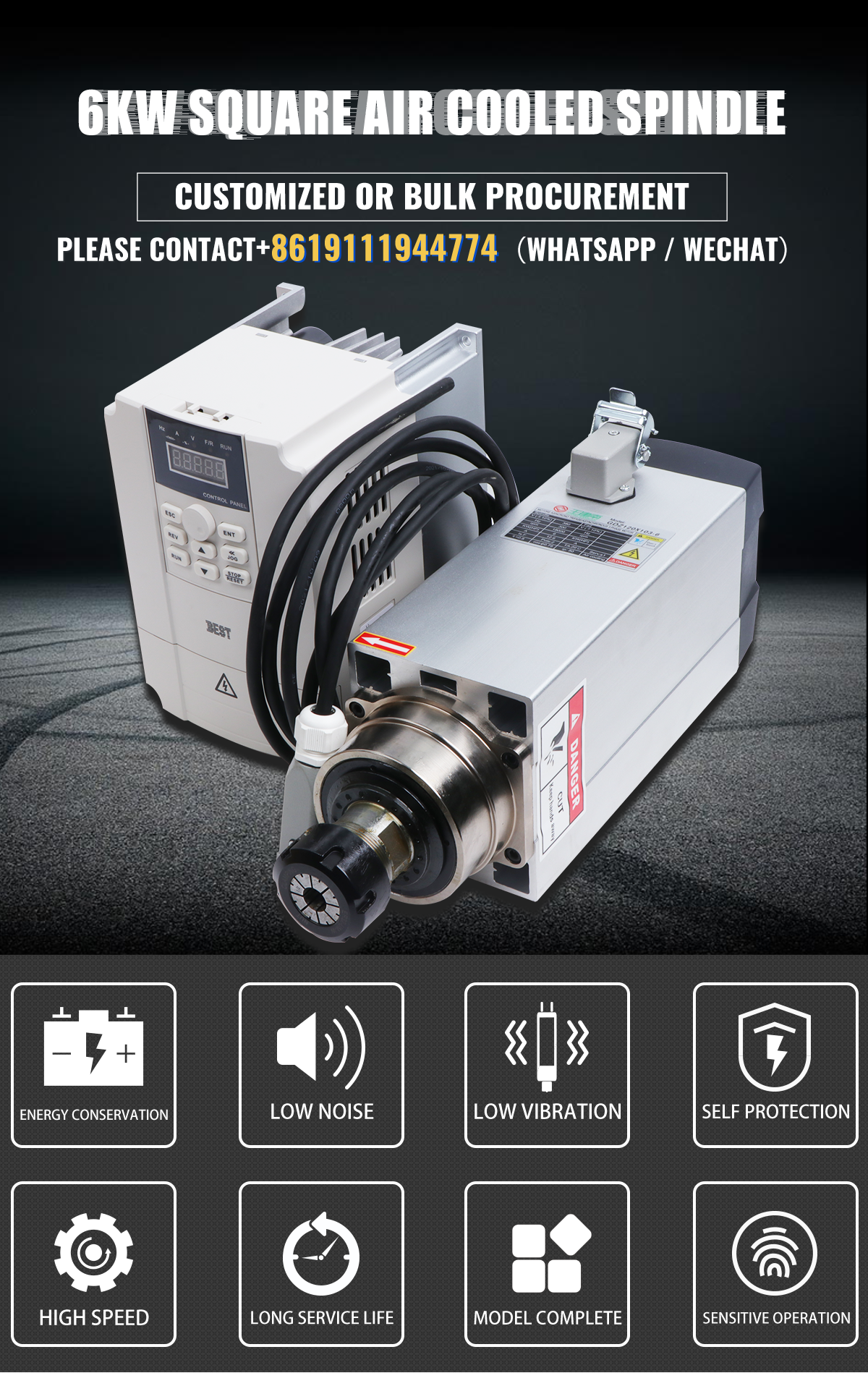 YFK 6KW 220V/380V ER32 Air Cooled Square Spindle Motor Kit for Building Material Shops