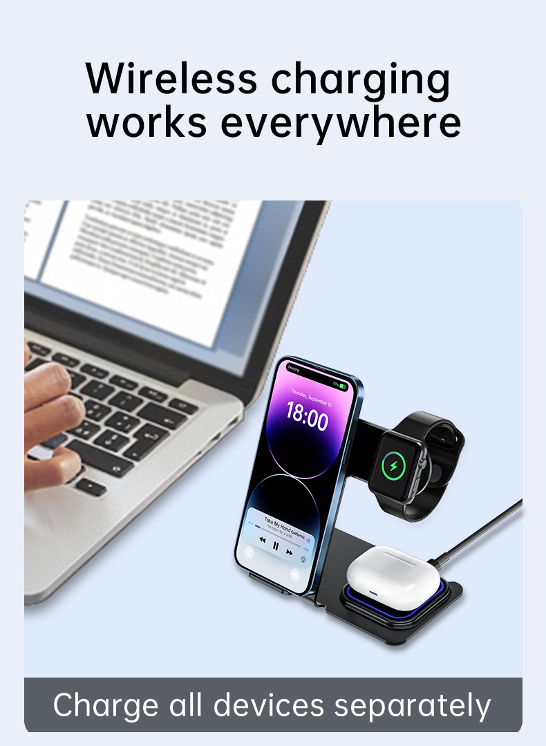 Aluminum Alloy 3 In 1 Wireless Charging Stand 15W Power Over Temperature Protection