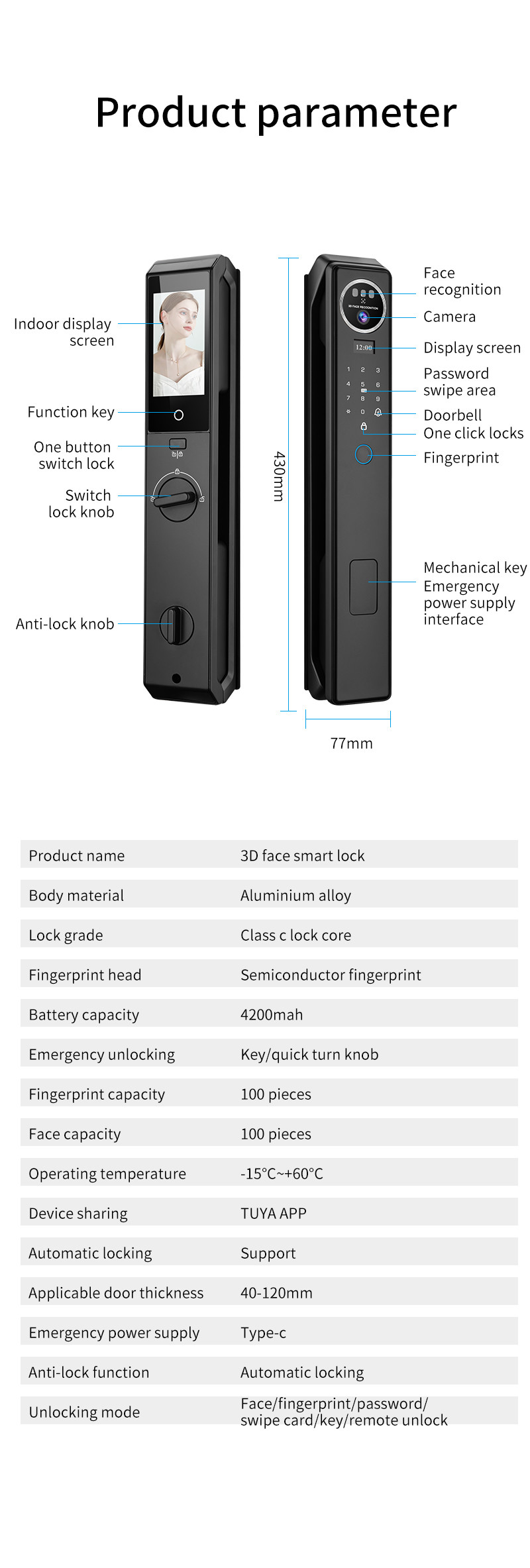 Tuya Intercom Camera 3D Face Recognition Smart Intelligent Digital Smart Home Door Lock