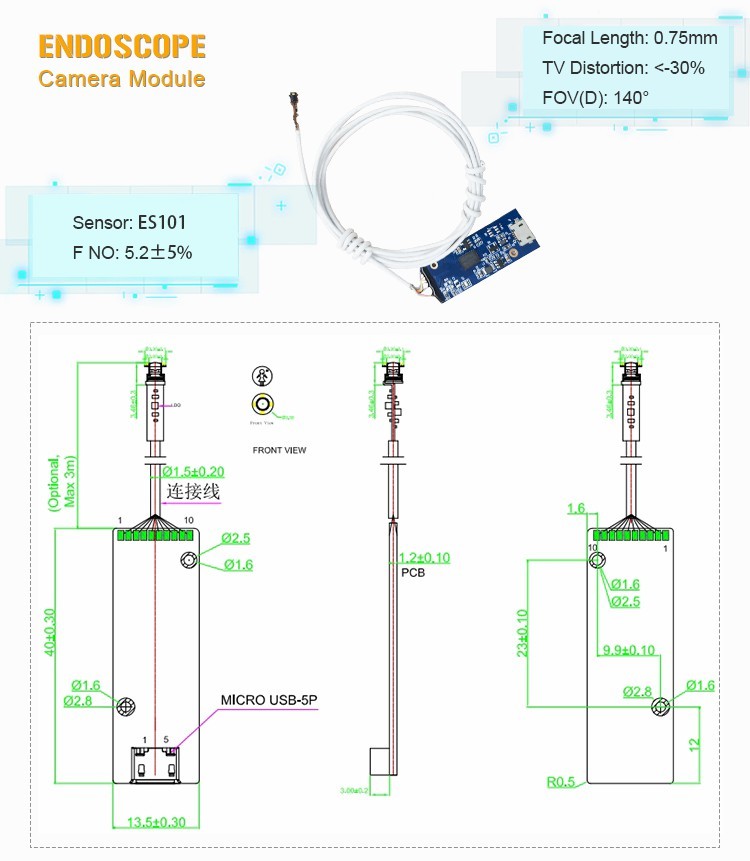 Mini 3.3mm 1000P Oral Endoscope Camera Module Wide Angle 140 Degree