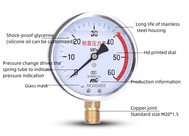 YN-100 Seismic Pressure Gauge Stainless Steel Negative Pressure Gauge