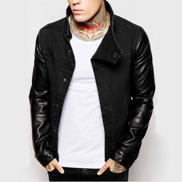 Stand Collar Leather Sleeve Mens Flight Jacket Cotton Denim Biker Jacket