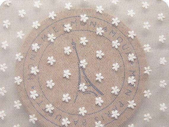 Ivory White Floral Embroidery Cotton Nylon Mesh Lace Fabric 59 Inch Width