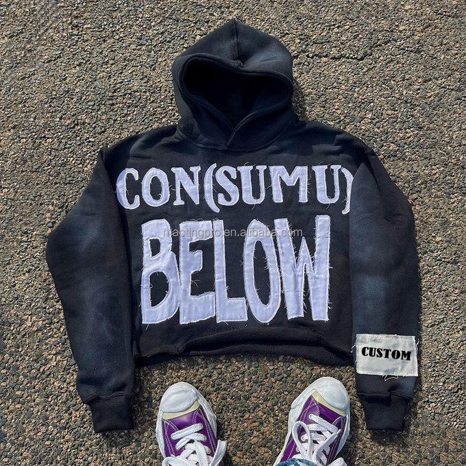 Men's Cotton Terry Cut Raw Hem and Embroidery Applique in Sun Faded Acid Wash Hoodie 1
