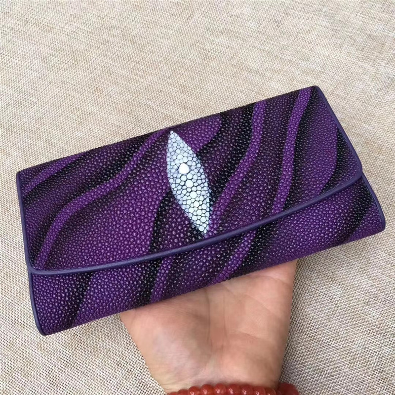 Authentic Stingray Skin Female Long Trifold Wallet Coin Case Genuine Leather Women Large Red Clutch Purse Lady Money Bag