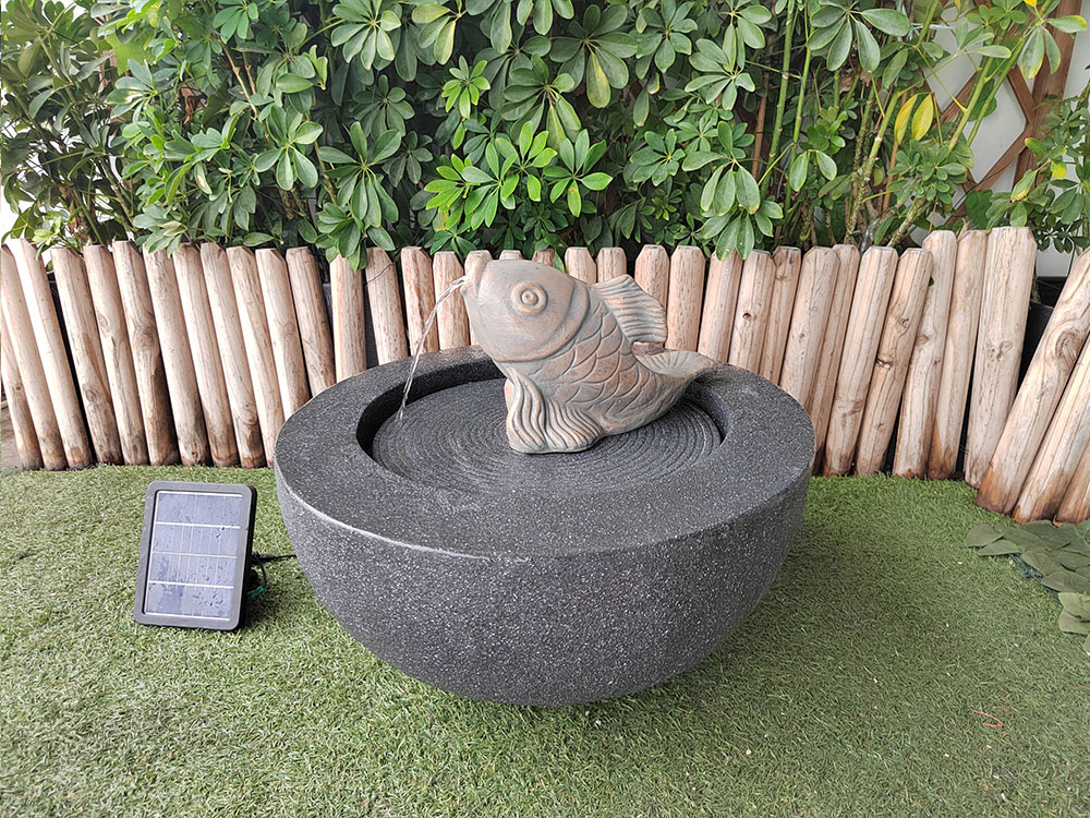 Solar Water Garden Fountain in Black with Max Head of 100cm and Fish Spit Design