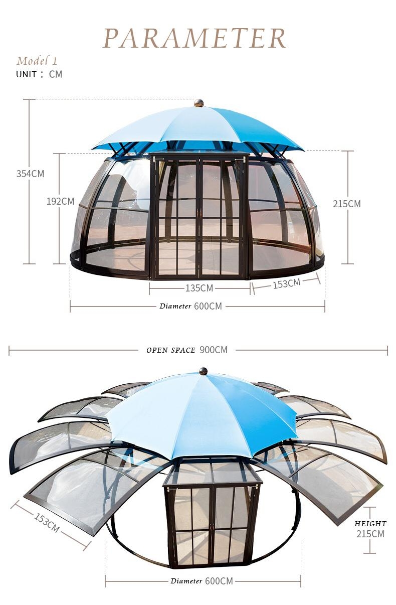 outdoor garden alu aluminium pc polycarbonate gazebo pavilion sunroom sun room house tent dome cabin shed China