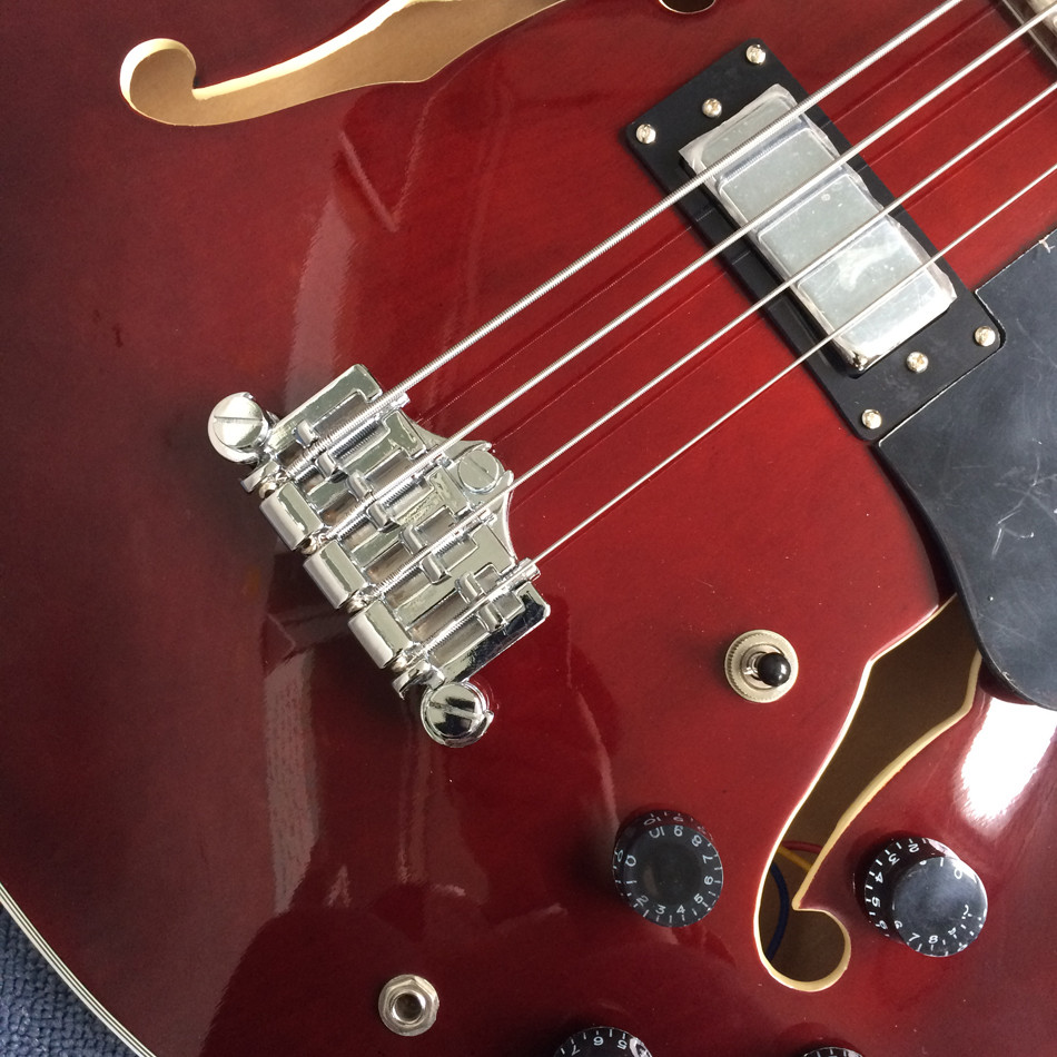 New style high-quality hollow body electric guitar 4 string bass, Double F holes, Wine red body,Free shipping