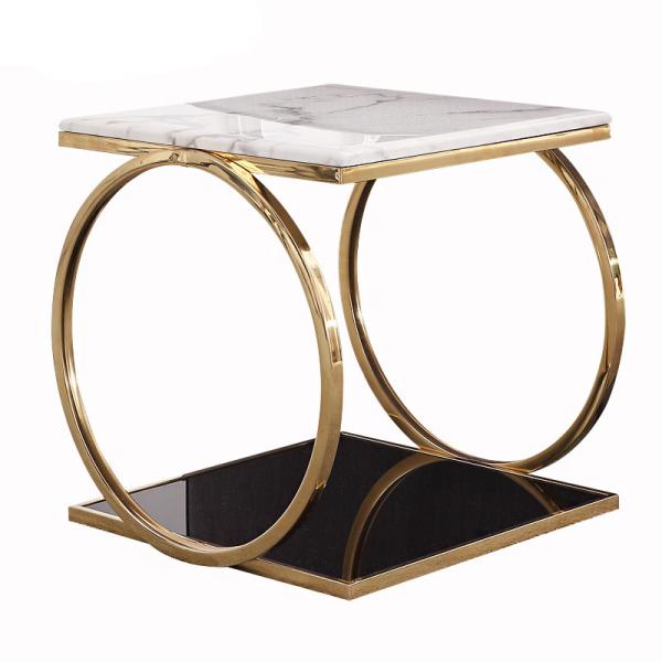 Unique design stanieless steel base tempered glass top side table square end