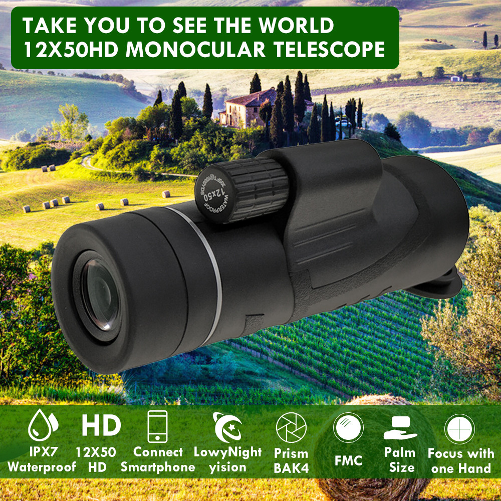 12X50Mobile PhoneMonocular Telescope With Tripod Smartphone Clip