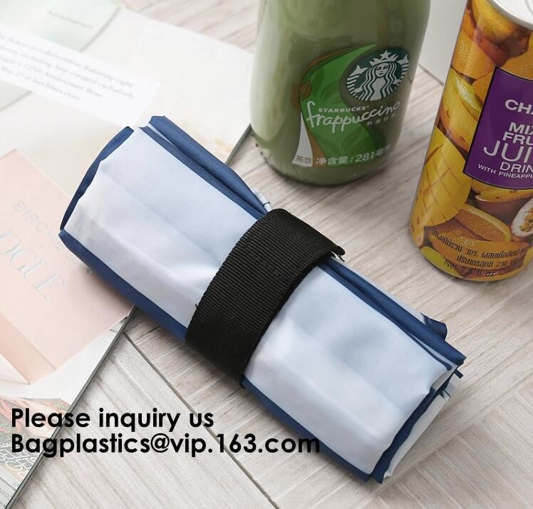 Printing Logo Polyester Handled Foldable Tote Bag With Snap Closure Foldable Bag Pocket Folding Nylon Shopping Bag