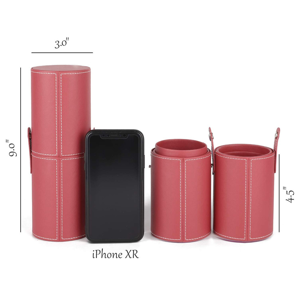 Cylindrical Makeup Brush Tube Case Red Vegan Leather Satin Lining