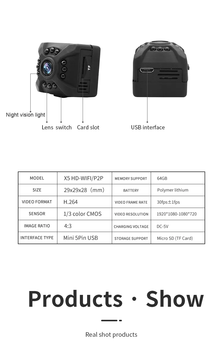 X5 Mini WiFi Portable IP Home Security HD 1080P Practical ODM Wireless